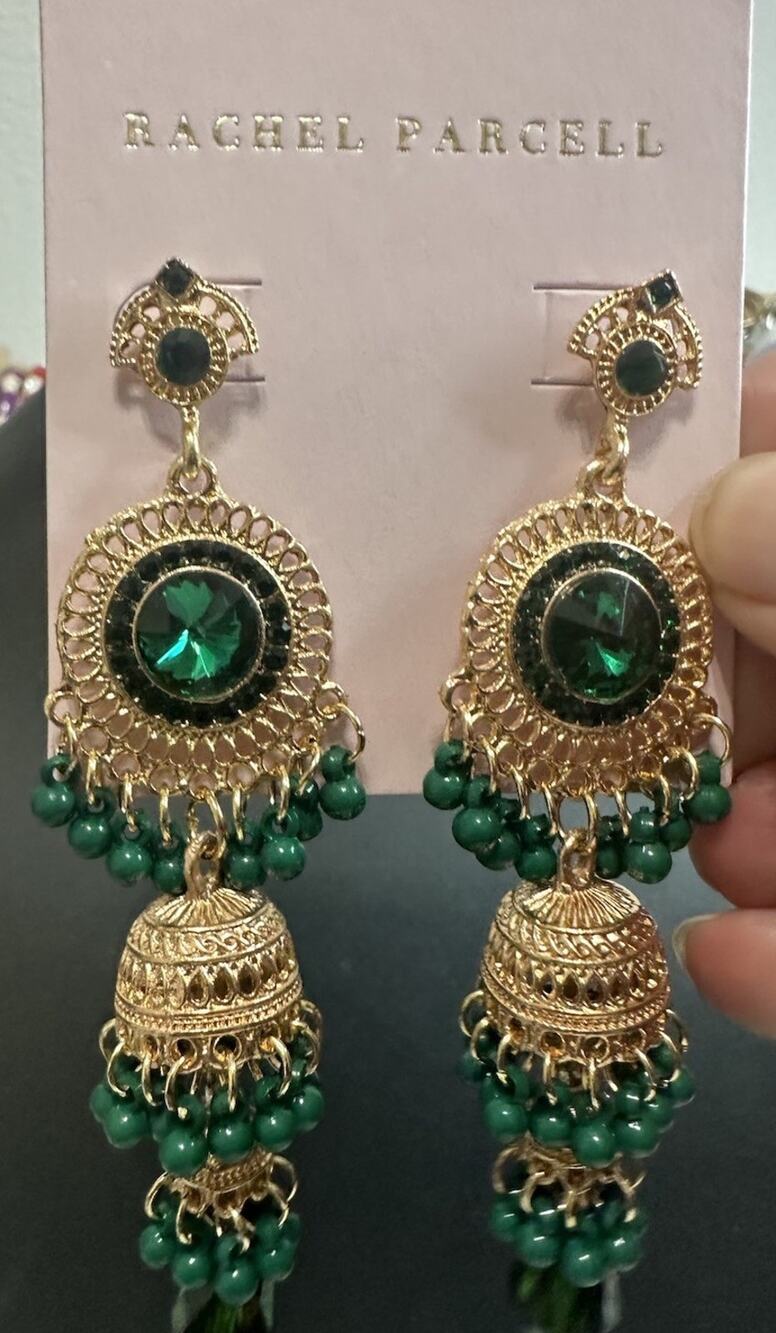 Rachel Parcell Green Drop Dangle Gold Tone Statement Flirty Earrings NWT